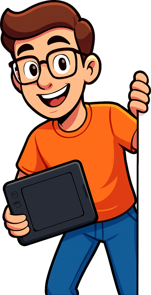 Cartoon artist with a drawing tablet holding the right edge of the page